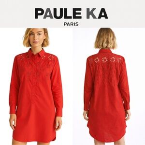 PAULE KA Paris Red Eyelet Cutout Long Sleeve Cotton Shirt Dress US 14 Large